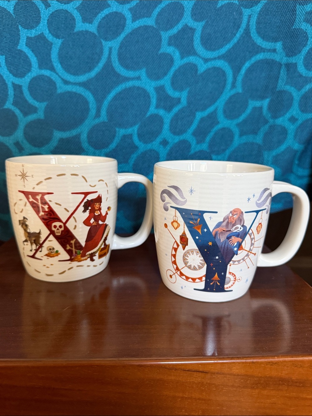 New Disney Alphabet Ceramic Mugs — Red X & Blue Y Nautical Set of 2